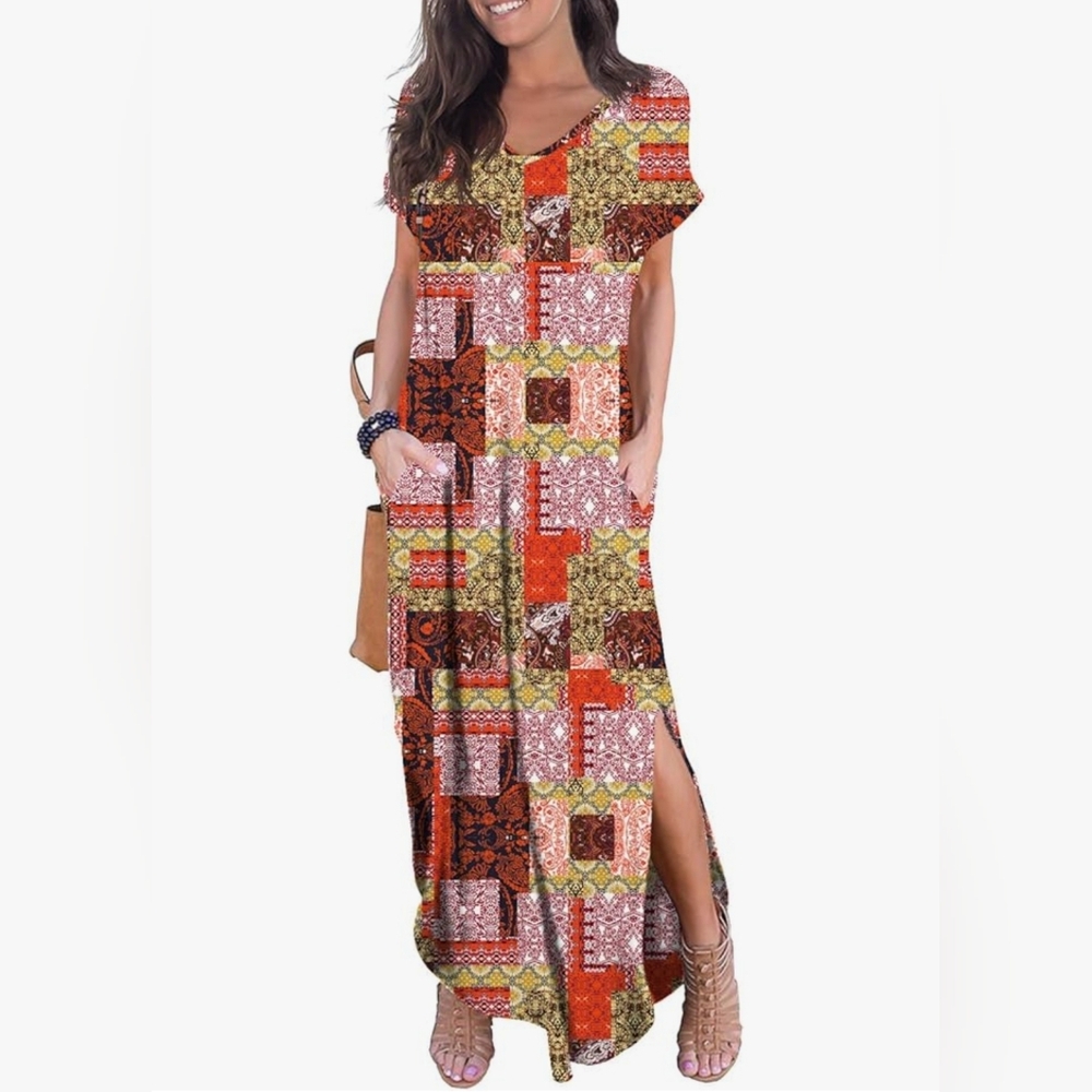 GRECERELLE Women's XL Loose Short Sleeve Faux Patchwork Maxi Dress